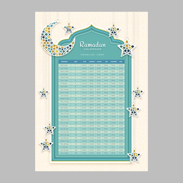 Plantilla de calendario de ramadán estilo papel