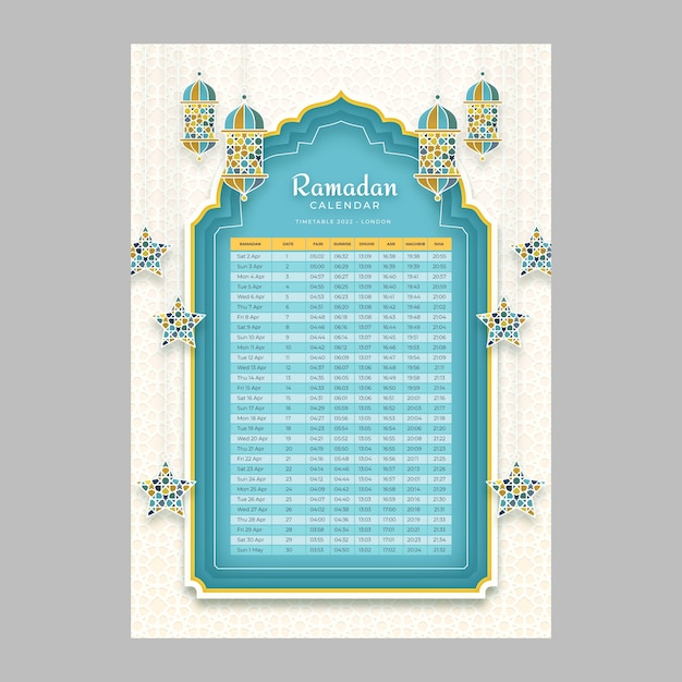Vector gratuito plantilla de calendario de ramadán estilo papel