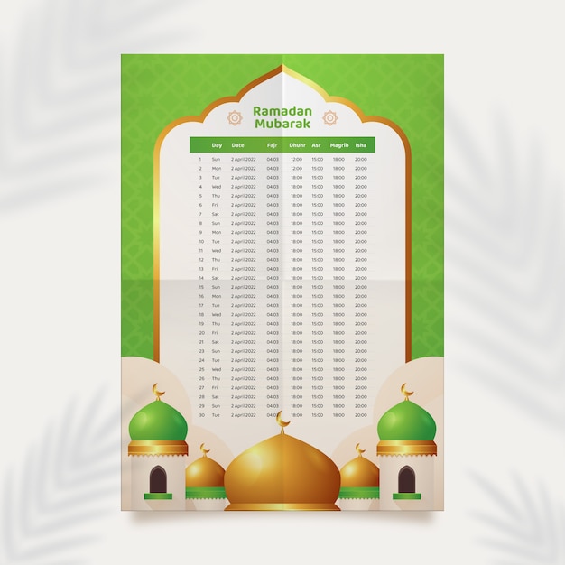 Vector gratuito plantilla de calendario de ramadán realista