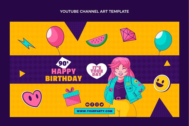 Plantilla de canal de youtube de cumpleaños de los 90 dibujados a mano