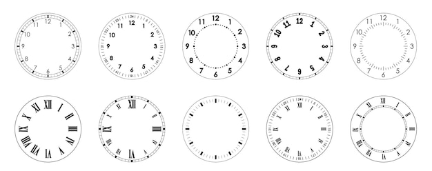 plantilla de cara de reloj mecánico Círculos de caras de reloj para el tiempo Contorno en blanco de reloj