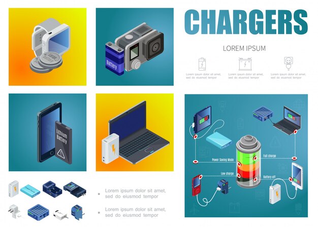 Plantilla de cargadores isométricos con banco de energía fuentes modernas de carga enchufes baterías para relojes inteligentes cámara portátil portátil