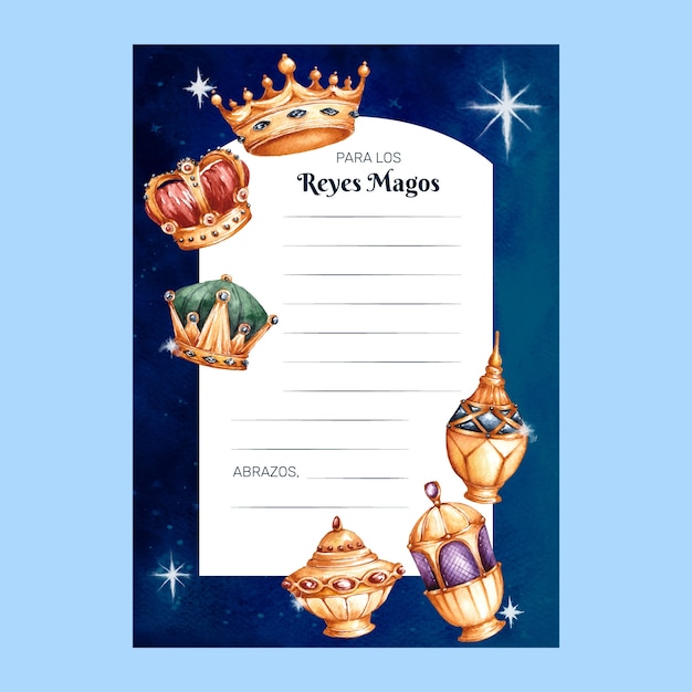 Vector gratuito plantilla de carta de acuarela para reyes magos