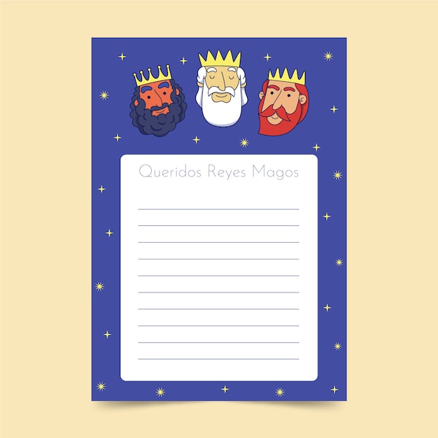 Vector gratuito plantilla de carta de deseos de reyes magos dibujada a mano