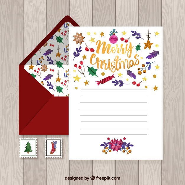 Plantilla de carta de navidad en acuarela con un sobre rojo