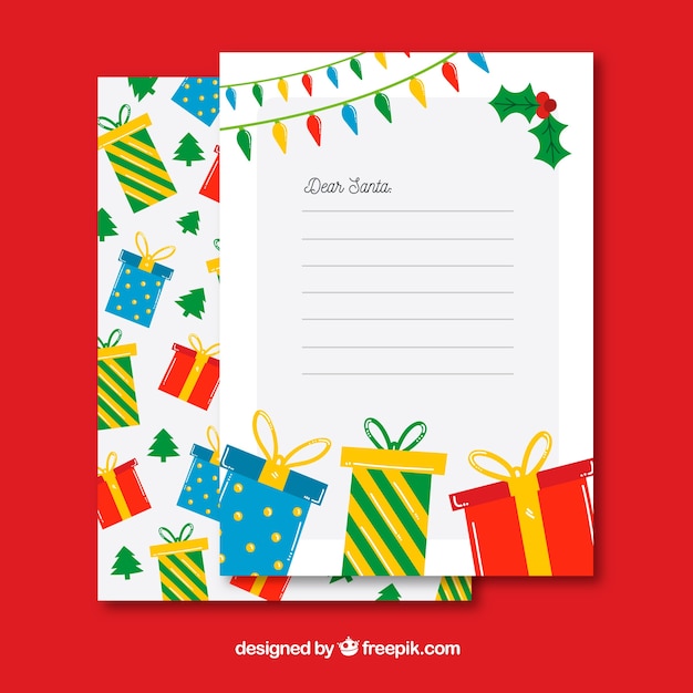 Plantilla de una carta de navidad con regalos