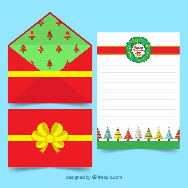 Plantilla de carta de navidad con un sobre rojo decorado como caja de regalo