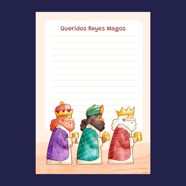 Plantilla de carta de reyes magos en acuarela