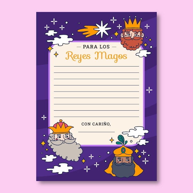 Vector gratuito plantilla carta reyes magos dibujada a mano