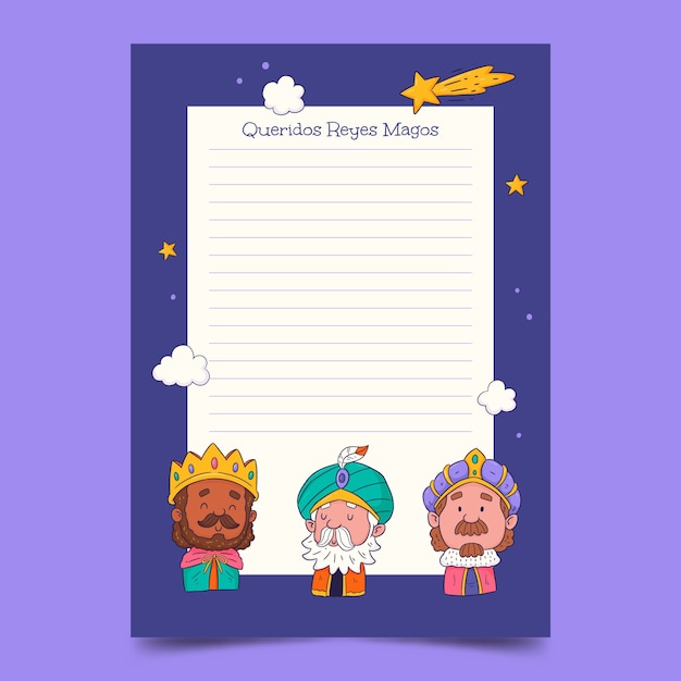 Vector gratuito plantilla de carta de reyes magos dibujada a mano