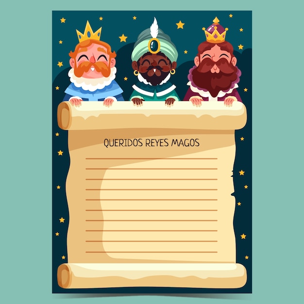 Vector gratuito plantilla de carta de los reyes magos planos