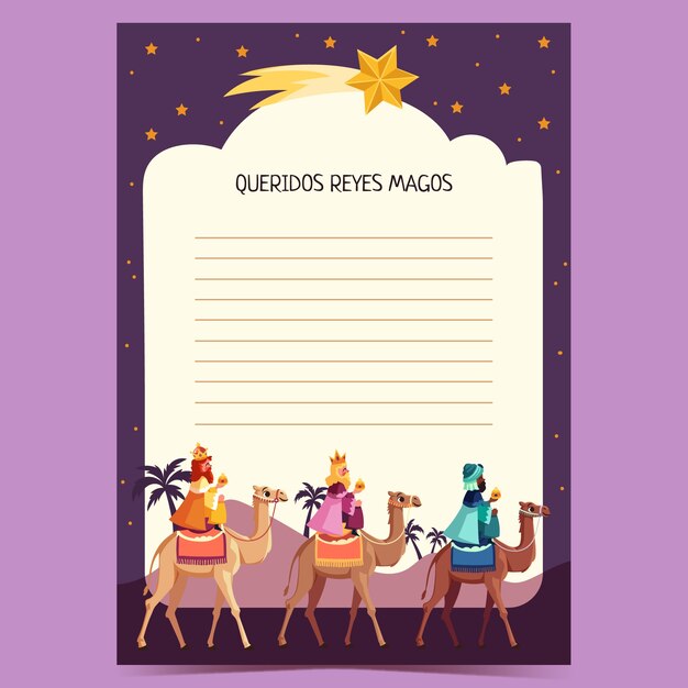 Vector gratuito plantilla de carta de los reyes magos planos