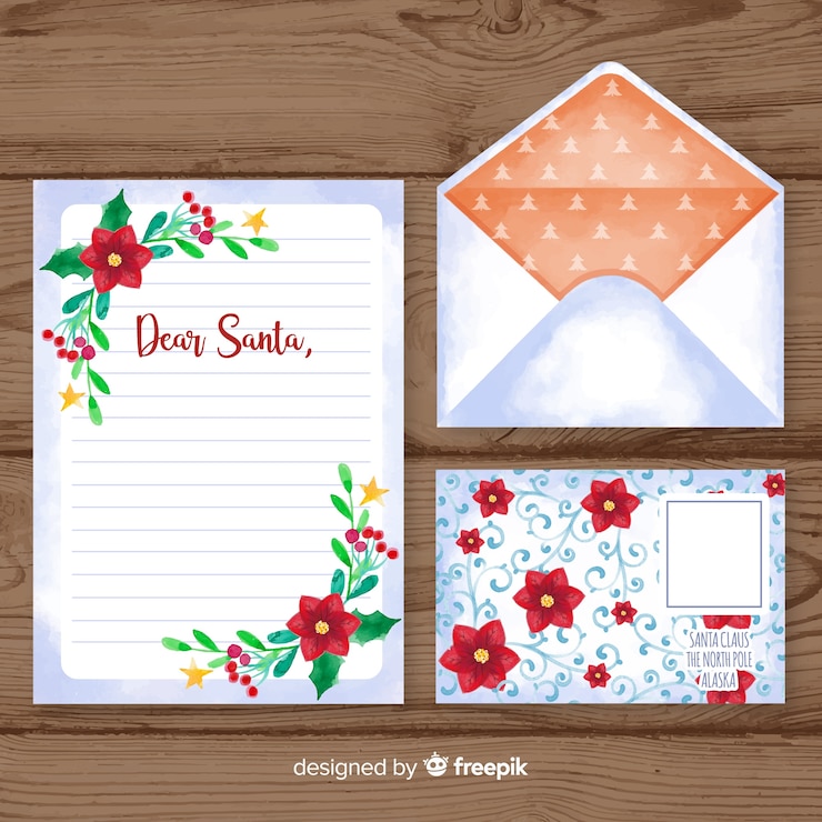Vector gratuito plantilla de carta y sobre de navidad en acuarela