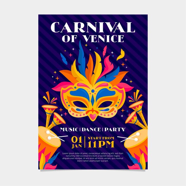 Plantilla de cartel de carnaval veneciano con máscara de colores