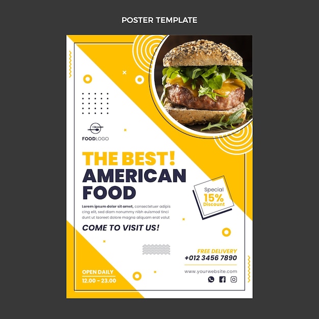 Plantilla de cartel de comida americana de diseño plano