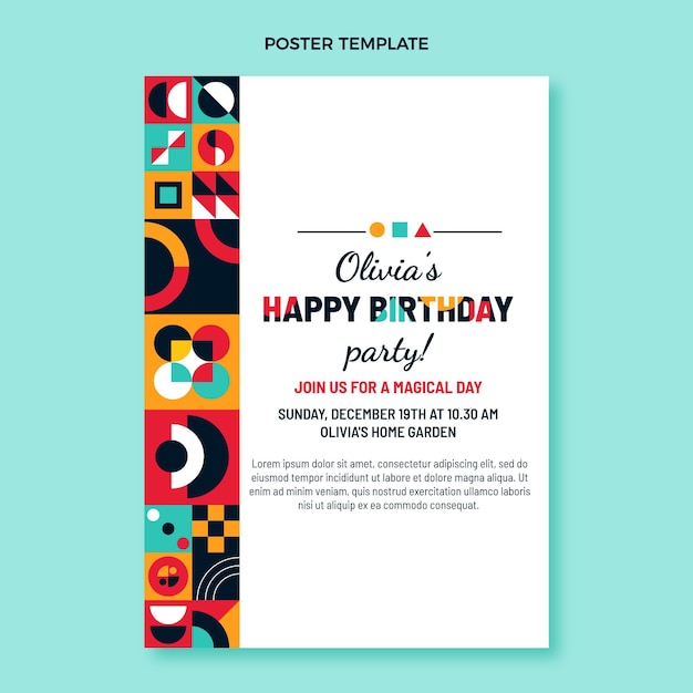 Plantilla de cartel de cumpleaños de mosaico de diseño plano