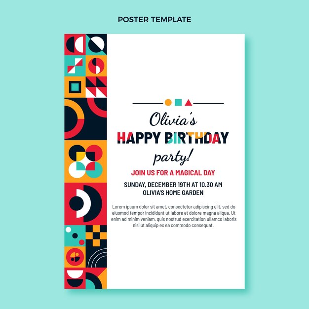 Plantilla de cartel de cumpleaños de mosaico de diseño plano