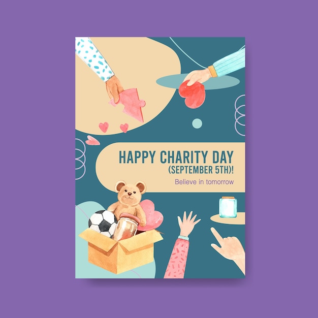 Vector gratuito plantilla de cartel con diseño de concepto del día internacional de la caridad para folletos y folletos de acuarela.