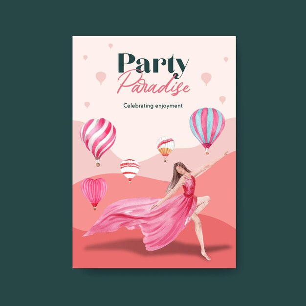Vector gratuito plantilla de cartel con diseño de concepto de fiesta de globos para publicidad y folleto ilustración acuarela