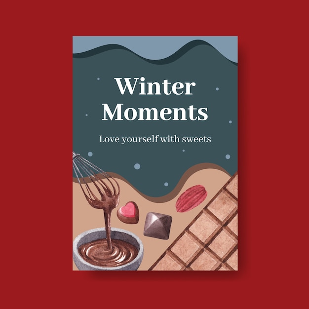Plantilla de cartel con diseño de concepto de invierno de chocolate para folleto y publicidad ilustración de vector de acuarela