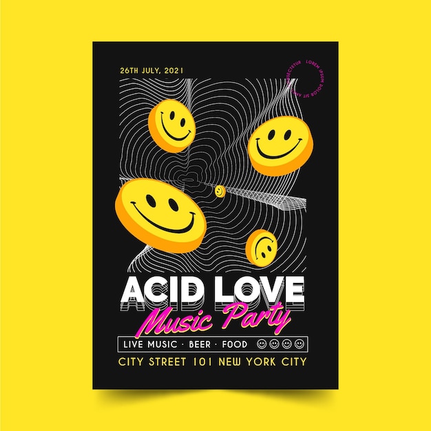 Plantilla de cartel de emoji ácido de diseño plano