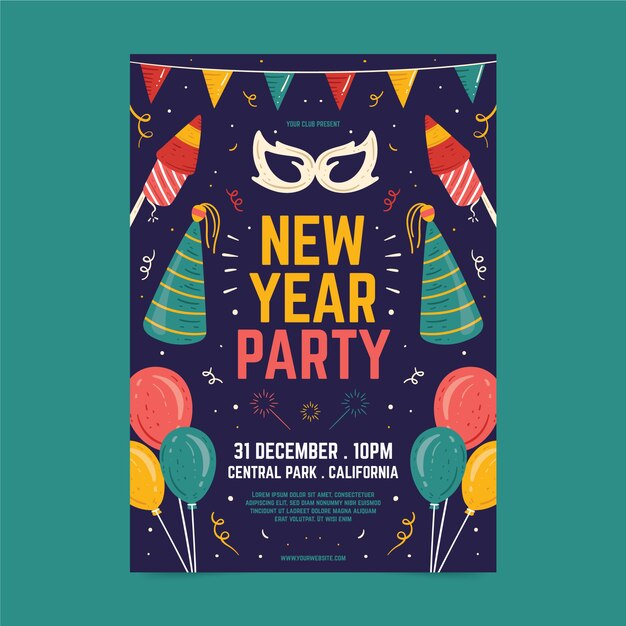 Plantilla de cartel de fiesta de año nuevo 2020 dibujado a mano