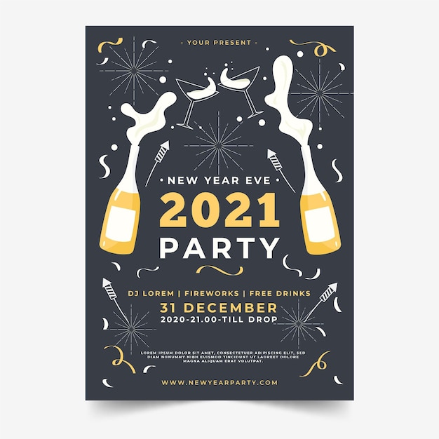 Vector gratuito plantilla de cartel de fiesta de año nuevo 2021 de diseño plano