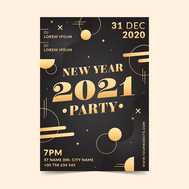 Plantilla de cartel de fiesta de año nuevo 2021 de diseño plano