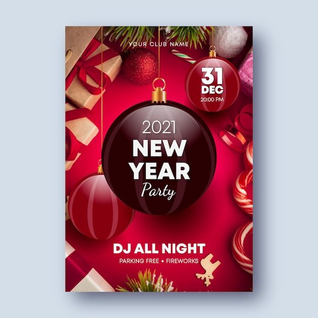 Vector gratuito plantilla de cartel de fiesta de año nuevo 2021 con foto