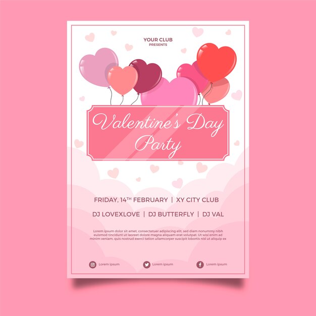 Plantilla de cartel de fiesta de día de san valentín de diseño plano