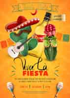 Vector gratuito plantilla de cartel de fiesta fiesta con sombrero mexicano, guitarra y bigote