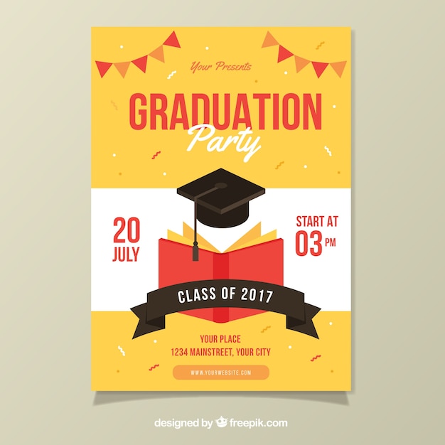 Plantilla de cartel de fiesta con libro y gorro de graduación