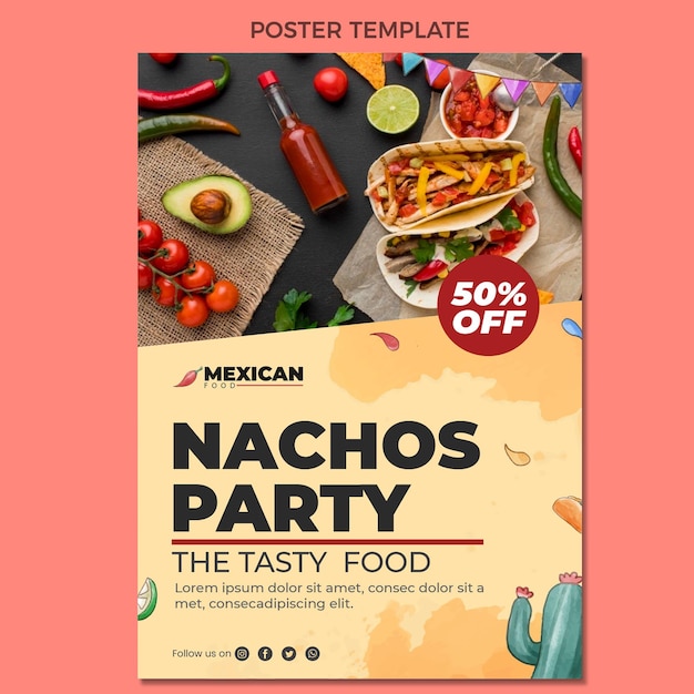 Vector gratuito plantilla de cartel de fiesta de nachos en acuarela