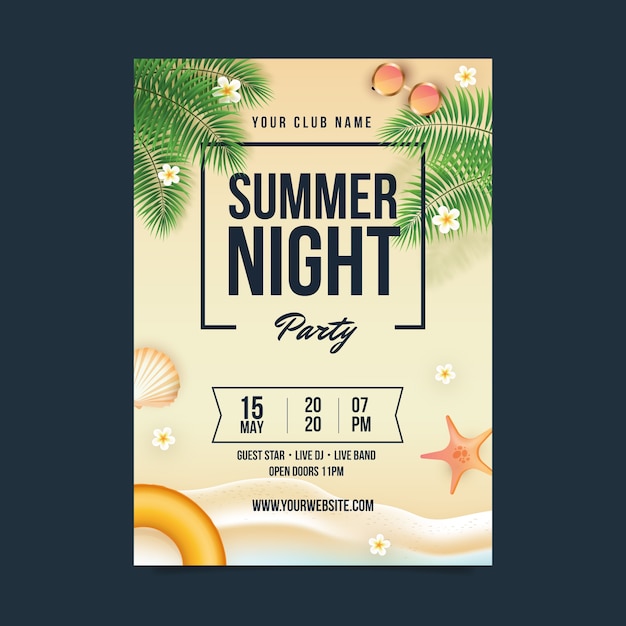Plantilla de cartel de fiesta de noche de verano realista con playa