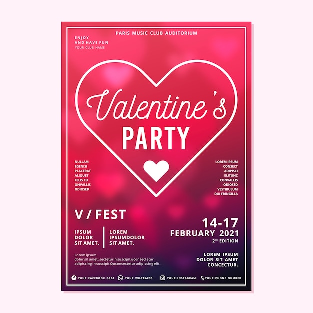 Vector gratuito plantilla de cartel de fiesta de san valentín borrosa