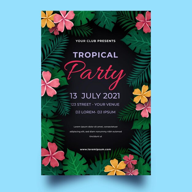 Plantilla de cartel de fiesta tropical con hojas y flores.