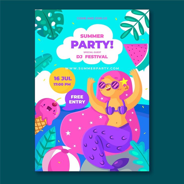 Vector gratuito plantilla de cartel de fiesta de verano de diseño plano