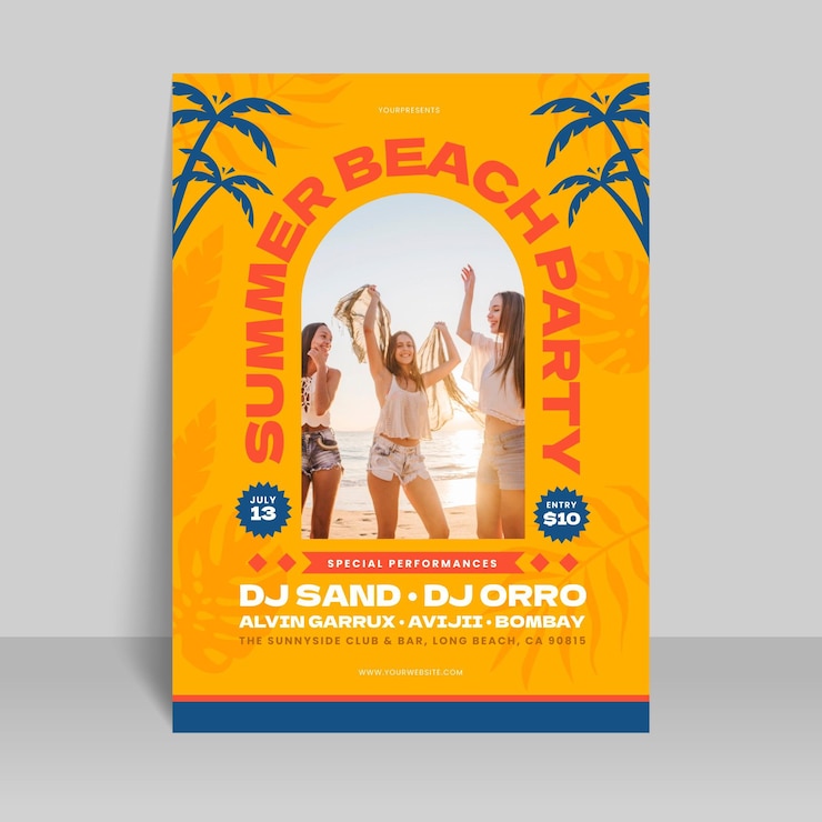 Vector gratuito plantilla de cartel de fiesta de verano plana con foto