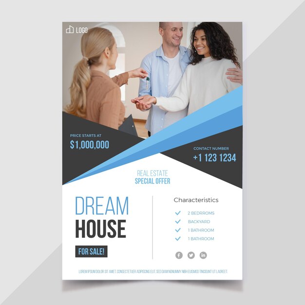 Plantilla de cartel de inmobiliaria plana con foto