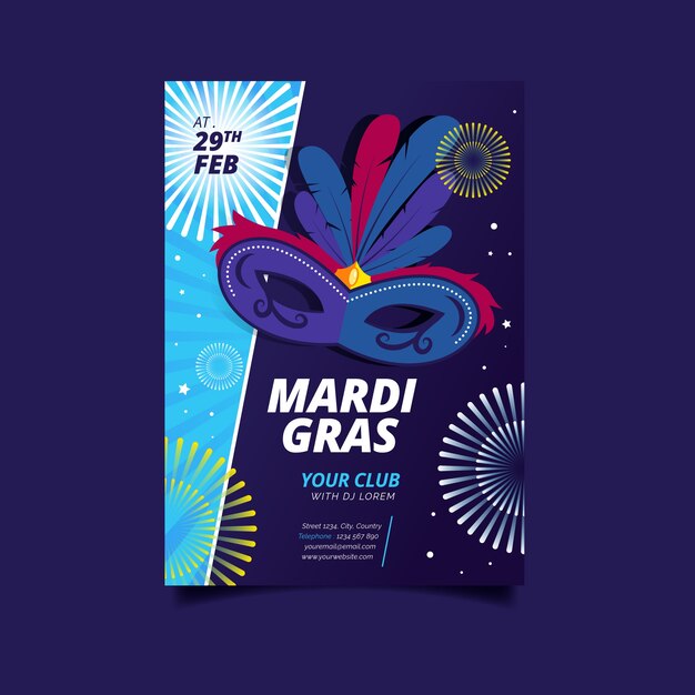 Plantilla de cartel de mardi gras de diseño plano