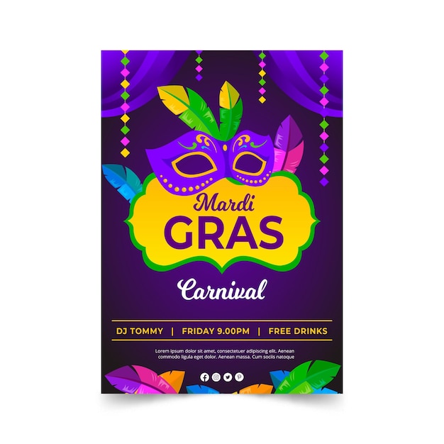 Plantilla de cartel de mardi gras en diseño plano