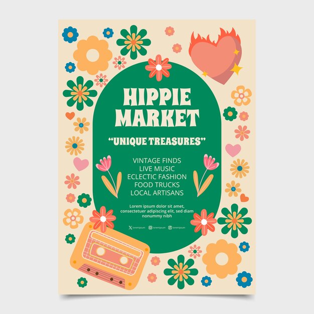 plantilla de cartel del mercado hippie de diseño plano