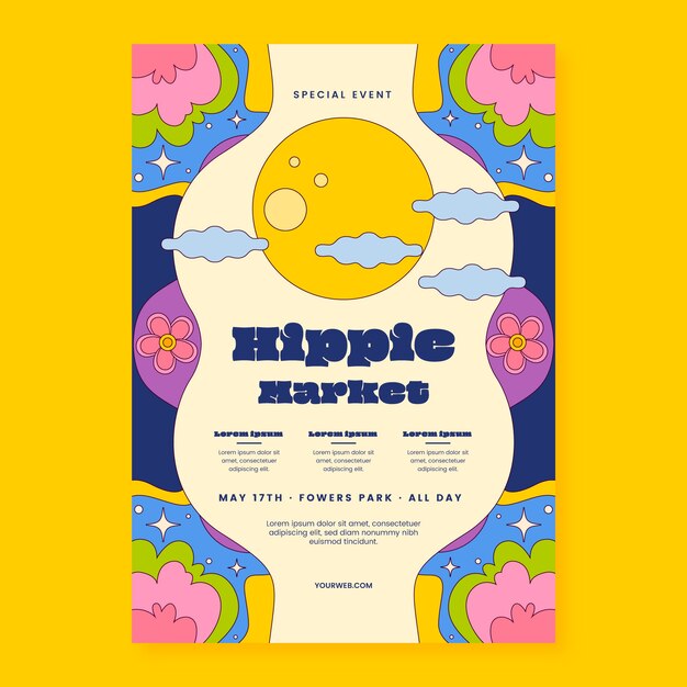 plantilla de cartel del mercado hippie de diseño plano