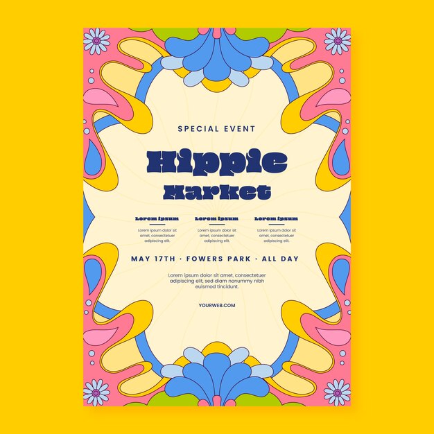plantilla de cartel del mercado hippie de diseño plano