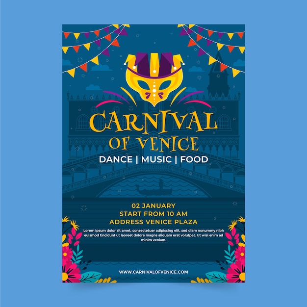 Vector gratuito plantilla de cartel plano de carnaval de venecia