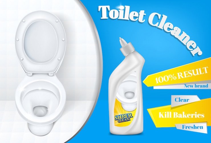 Vector gratuito plantilla de cartel de publicidad limpiador de baño de botella de detergente de plástico blanco y aseo