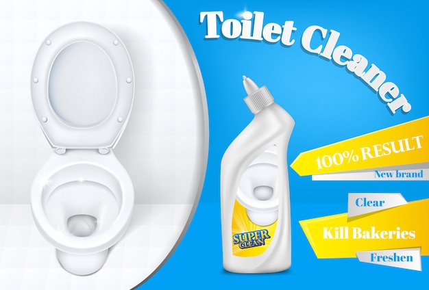 Plantilla de cartel de publicidad limpiador de baño de botella de detergente de plástico blanco y aseo