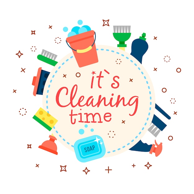 Plantilla de cartel para servicios de limpieza de casas con varios artículos de limpieza.