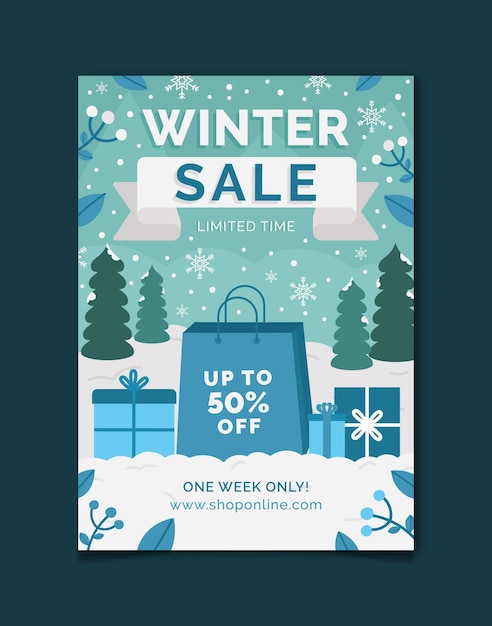 Plantilla de cartel de venta de invierno vertical plano dibujado a mano con bolsa de compras