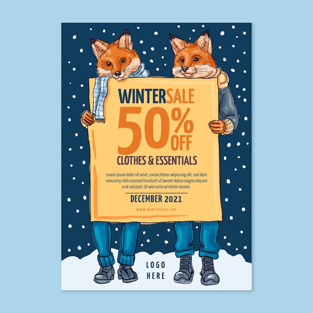 Plantilla de cartel de venta vertical de invierno dibujado a mano